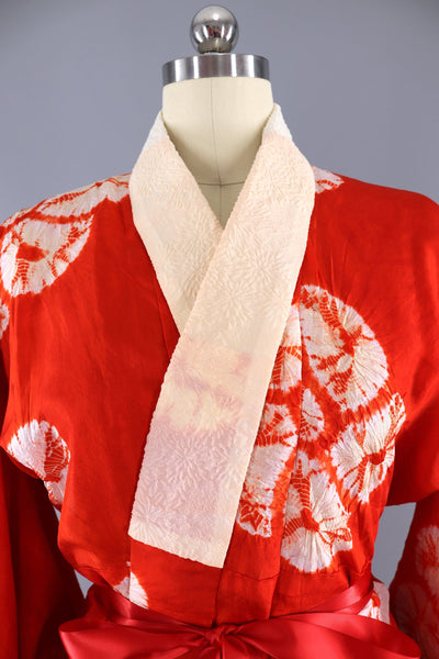 Vintage 1930s 1940s Silk Kimono Robe / Dark Orange Shibori Flowers - ThisBlueBird