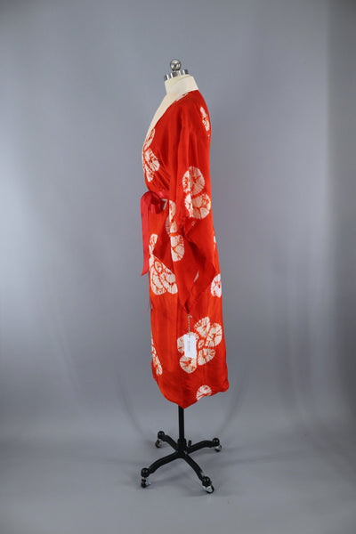 Vintage 1930s 1940s Silk Kimono Robe / Dark Orange Shibori Flowers - ThisBlueBird