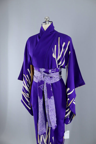 Vintage 1930s - 1940s Silk Kimono Robe / Purple Blue Abstract Stripes - ThisBlueBird