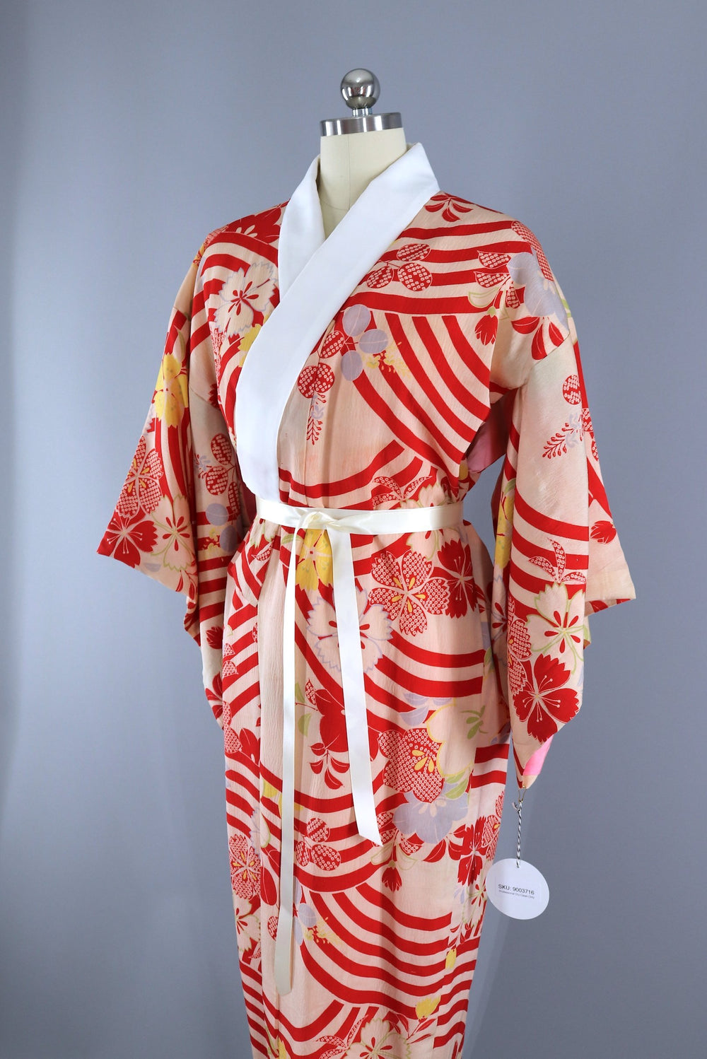 Vintage 1930s 1940s Silk Kimono Robe / Red Ivory Stripes - ThisBlueBird