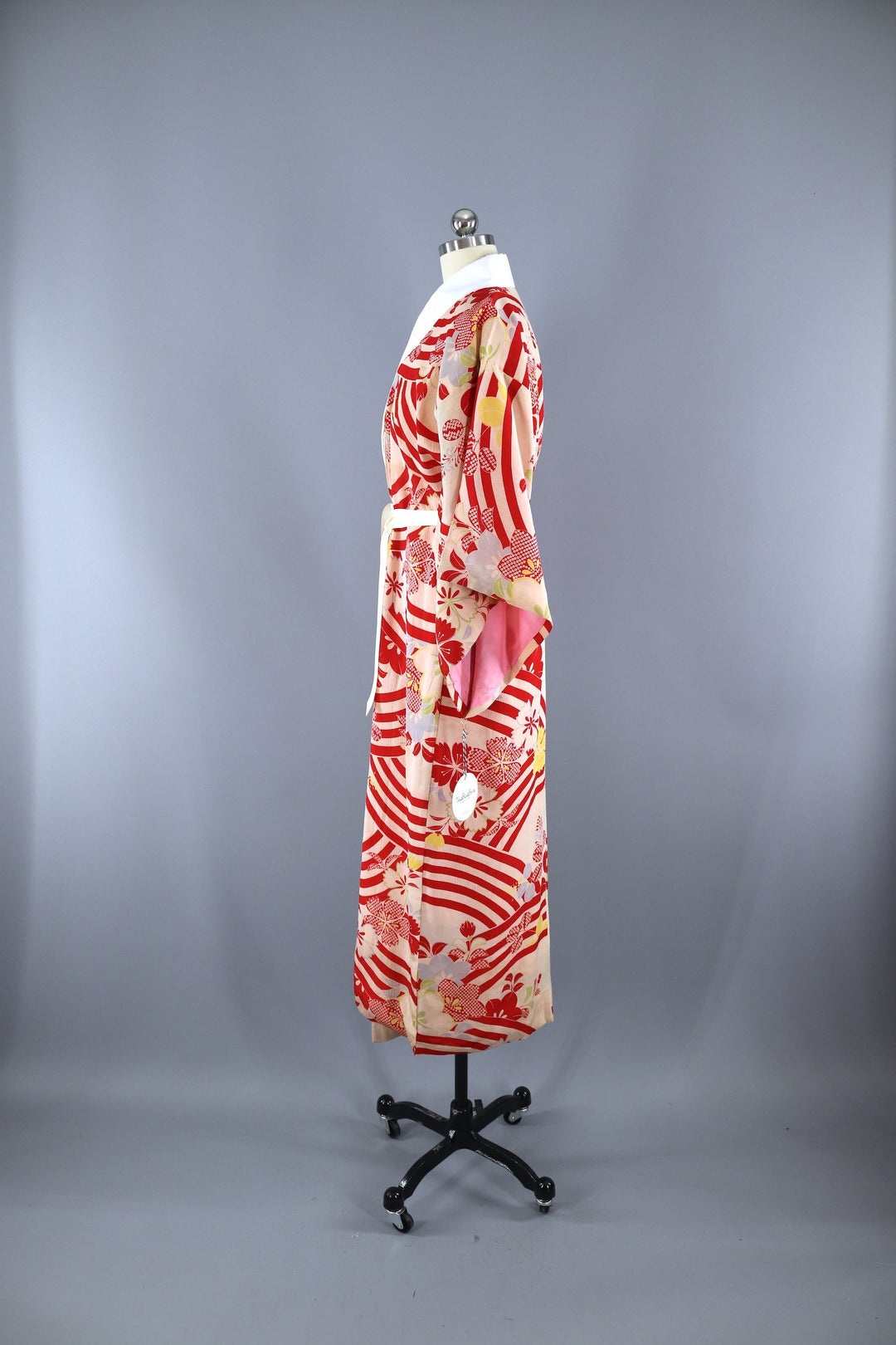 Vintage 1930s 1940s Silk Kimono Robe / Red Ivory Stripes - ThisBlueBird