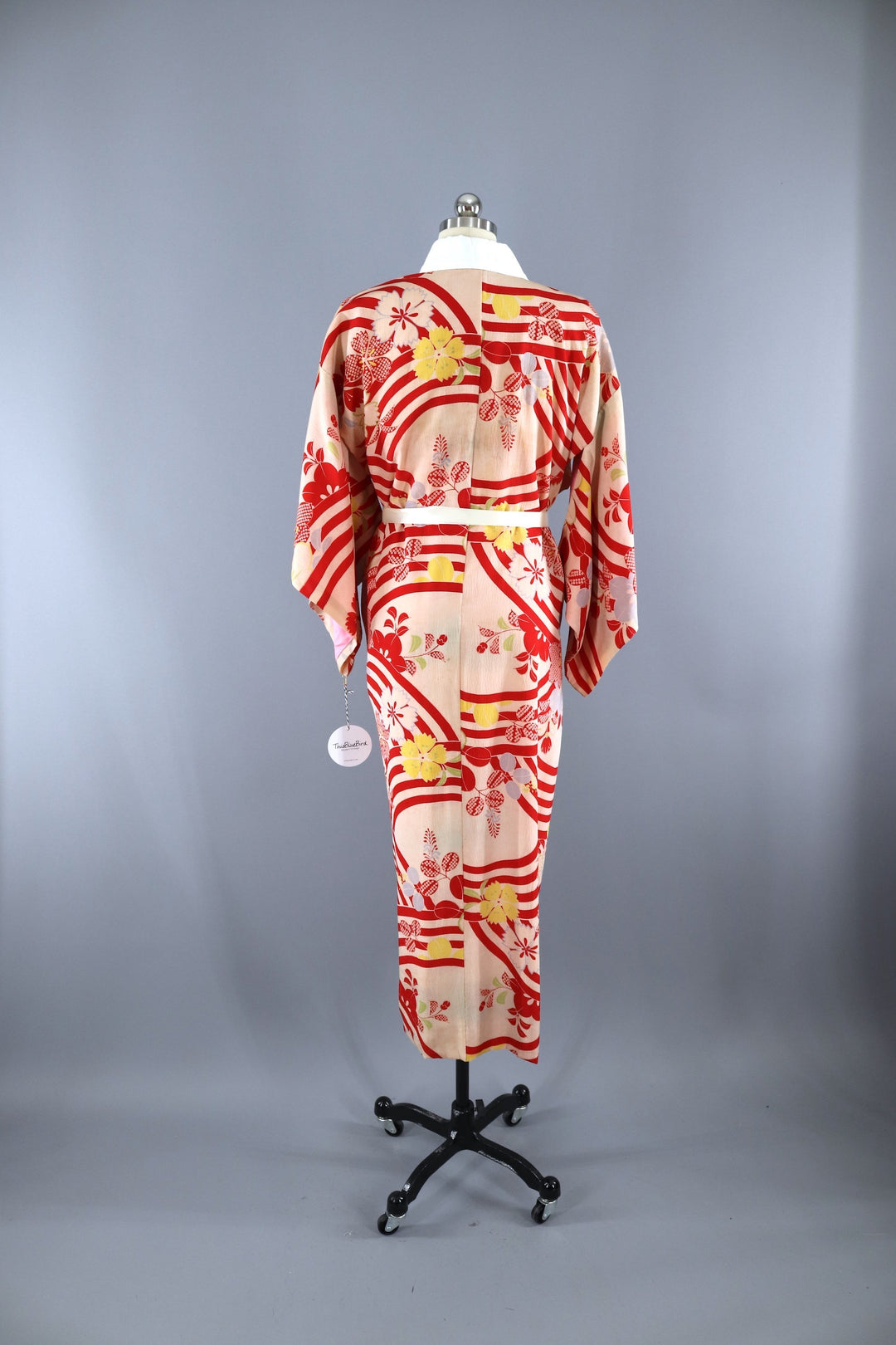 Vintage 1930s 1940s Silk Kimono Robe / Red Ivory Stripes - ThisBlueBird