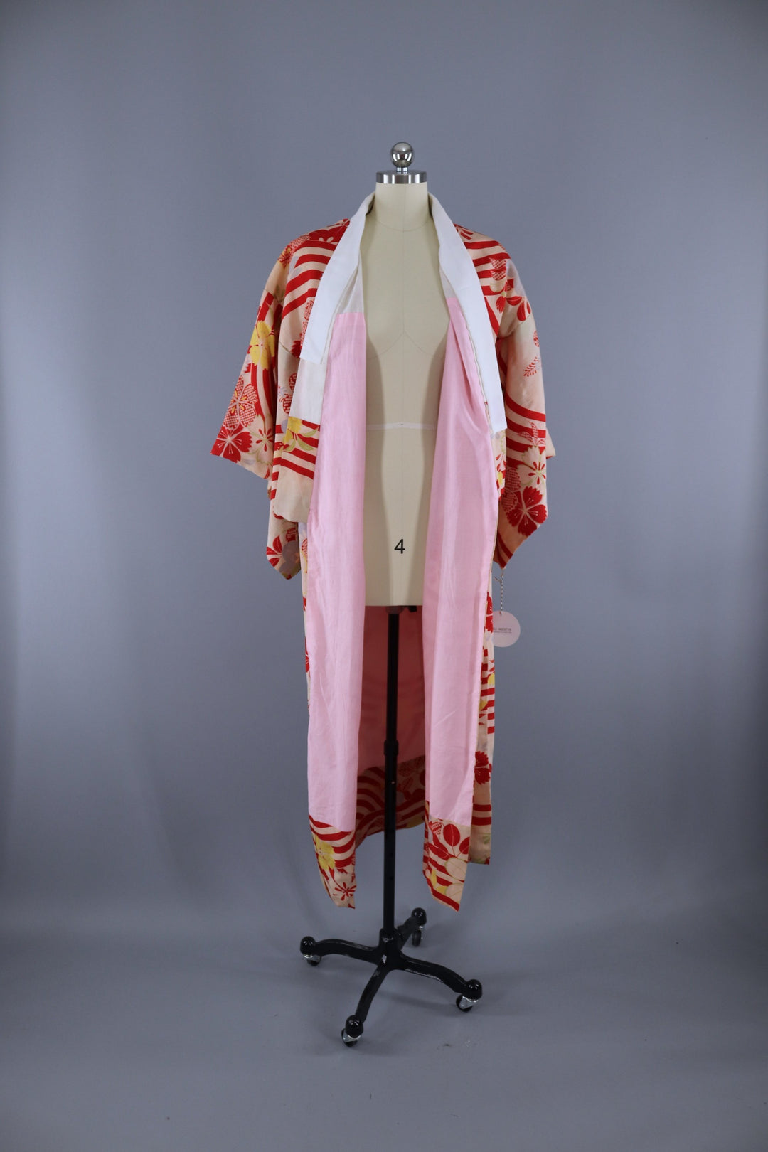 Vintage 1930s 1940s Silk Kimono Robe / Red Ivory Stripes - ThisBlueBird