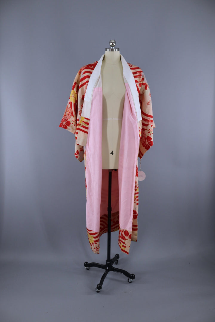 Vintage 1930s 1940s Silk Kimono Robe / Red Ivory Stripes - ThisBlueBird