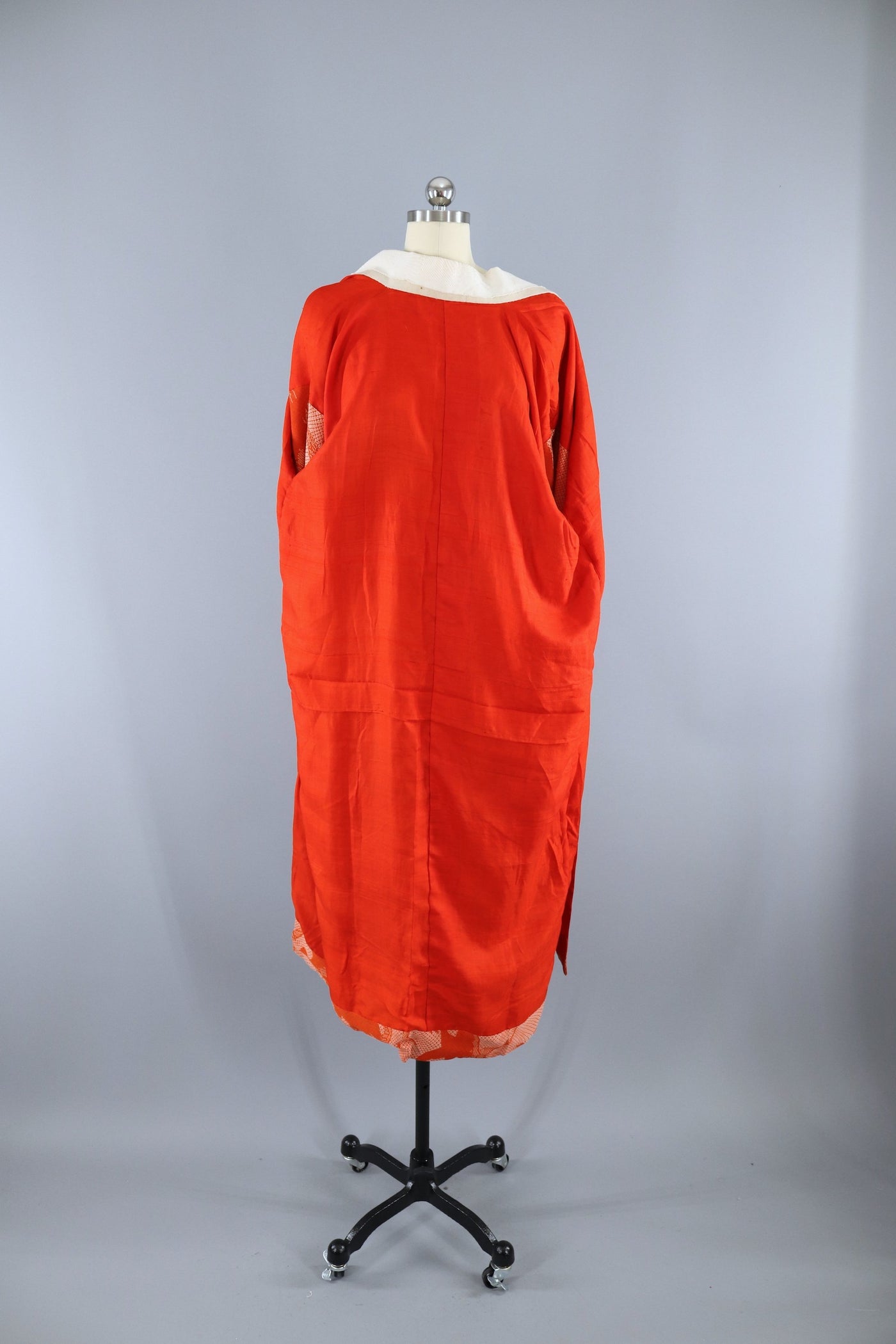 Vintage 1930s 1940s Silk Kimono Robe / Red Orange Cranes Shibori Print - ThisBlueBird