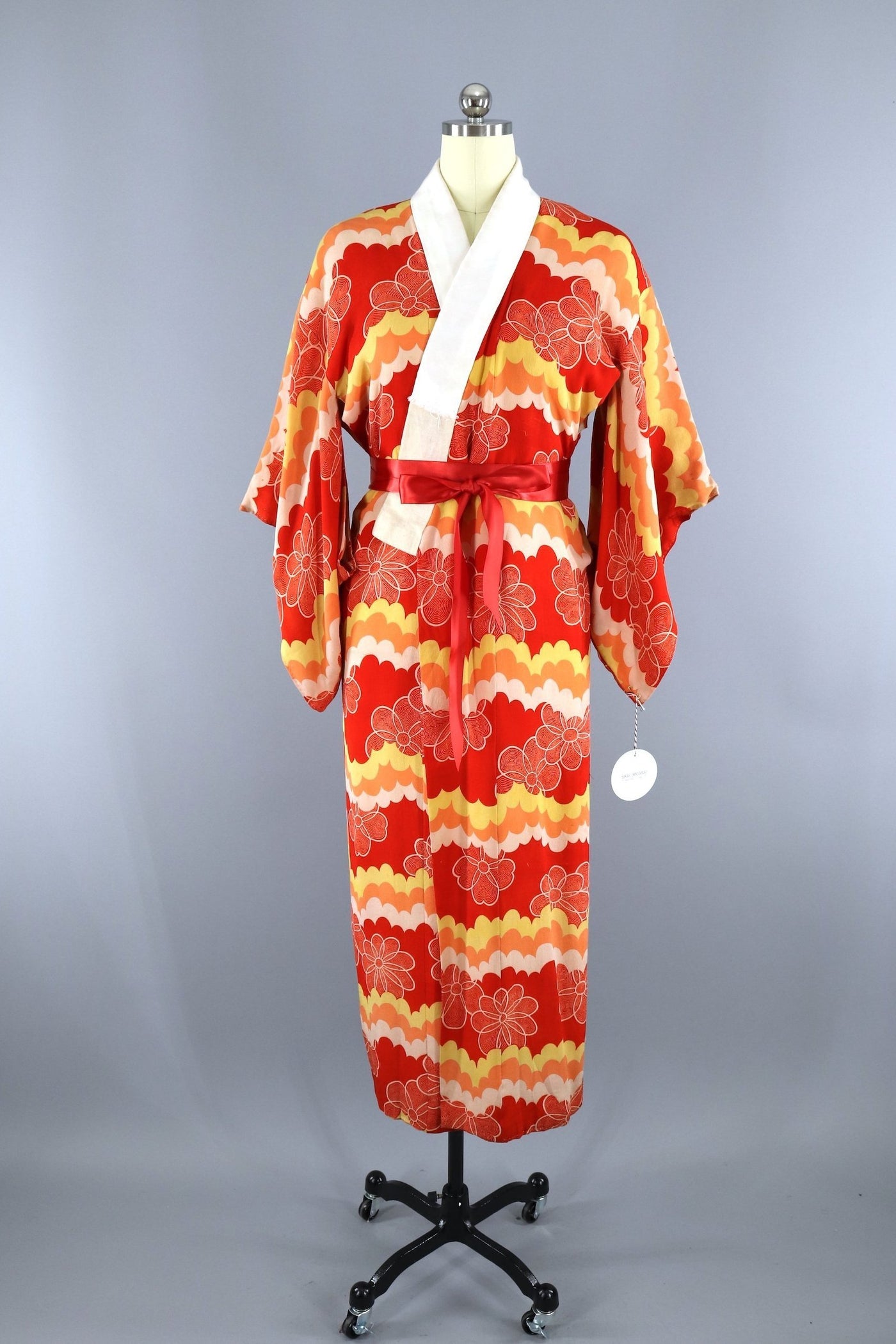 Vintage 1930s 1940s Silk Kimono Robe / Red Yellow Stripes - ThisBlueBird