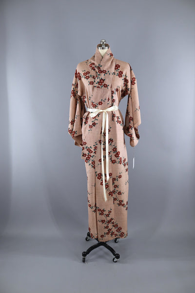 Vintage 1930s 1940s Silk Kimono Robe / Tan & Red Floral - ThisBlueBird