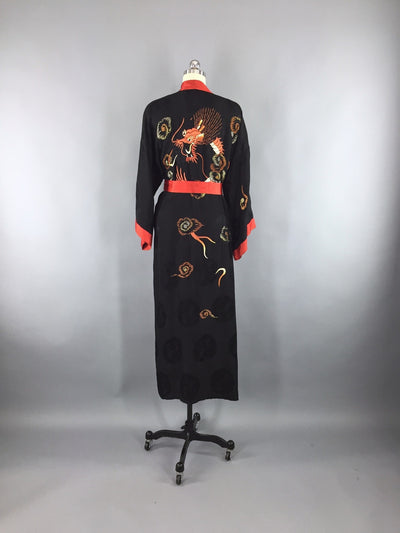 Vintage 1930s-40s Silk Robe / Embroidered Dragon / Black and Red Satin - ThisBlueBird