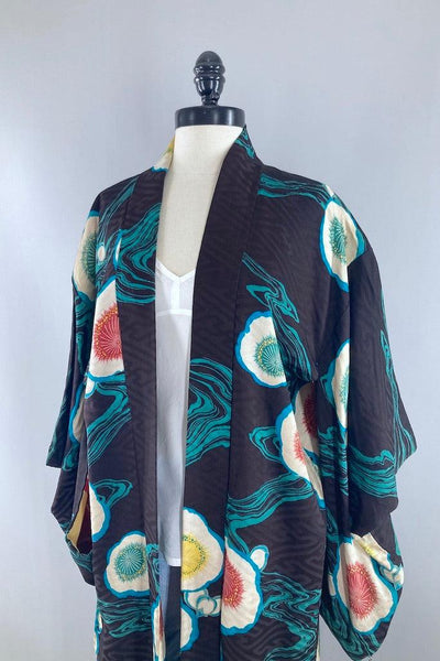vintage 1930s Black and Aqua Silk Kimono Cardigan-ThisBlueBird