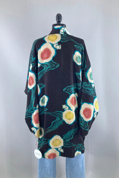 vintage 1930s Black and Aqua Silk Kimono Cardigan-ThisBlueBird