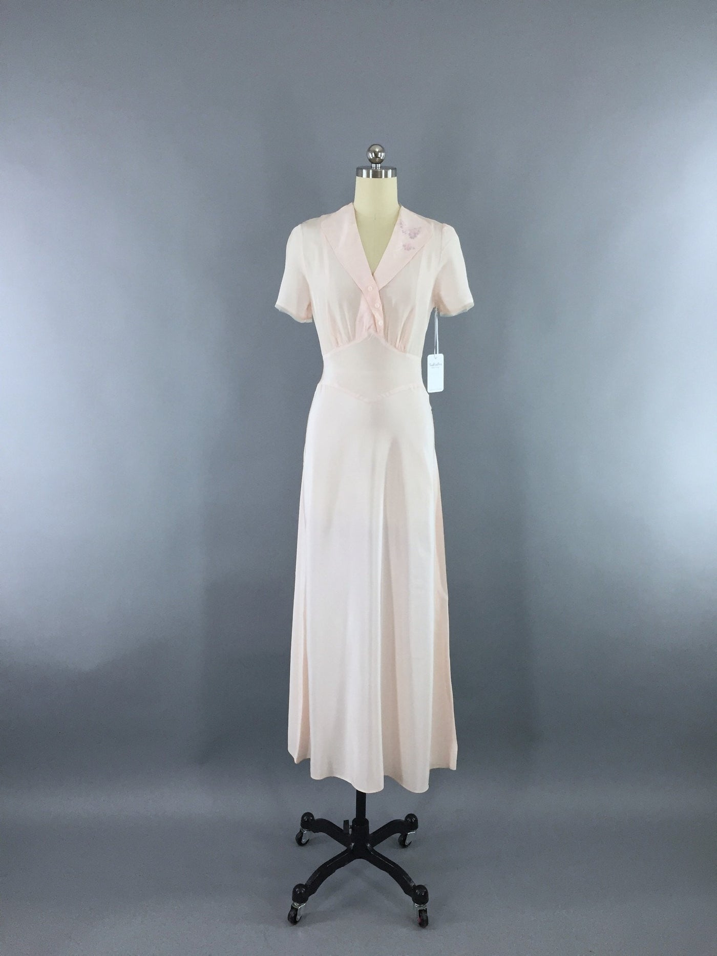 Vintage 1930s Artemis Bias Cut Pink Embroidered Rayon Crepe Nightgown - ThisBlueBird
