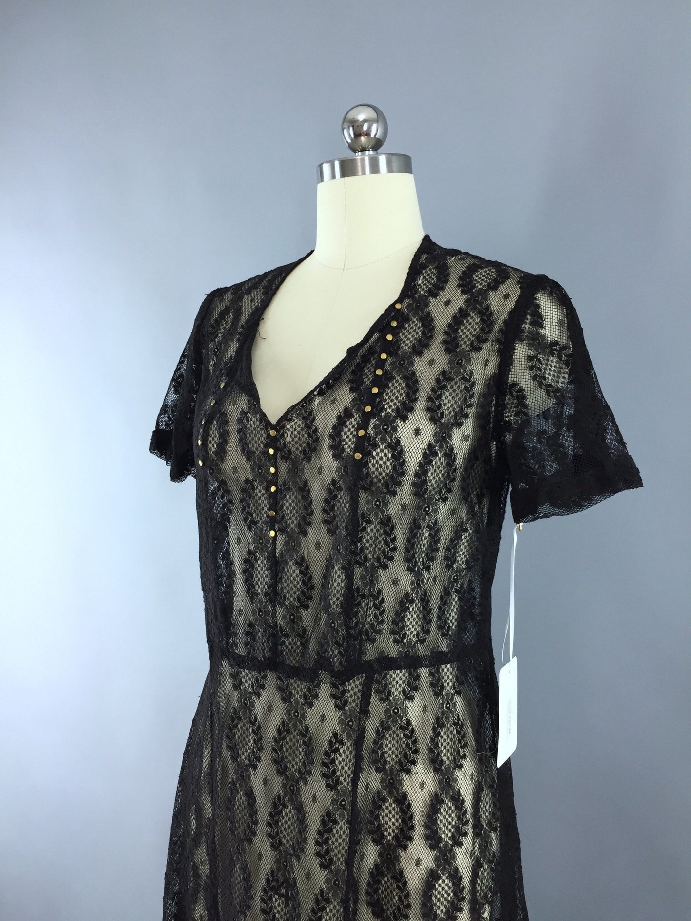 Vintage 1930s Bias Cut Black Lace Day Dress - ThisBlueBird