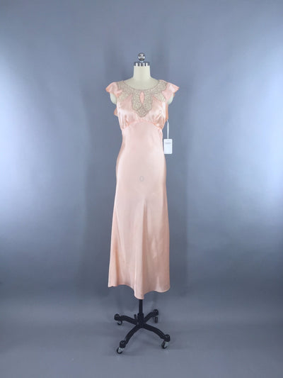 Vintage 1930s Bias Cut Nightgown / Art Deco Peach Satin - ThisBlueBird