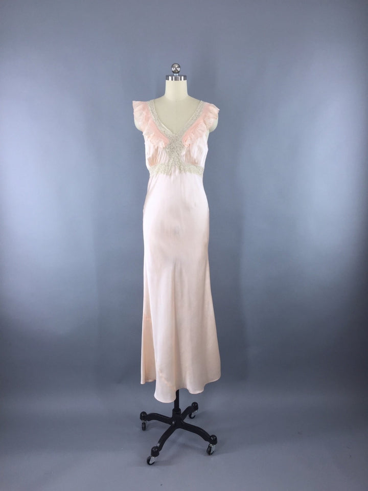Vintage 1930s Bias Cut Peach Satin Nightgown - ThisBlueBird