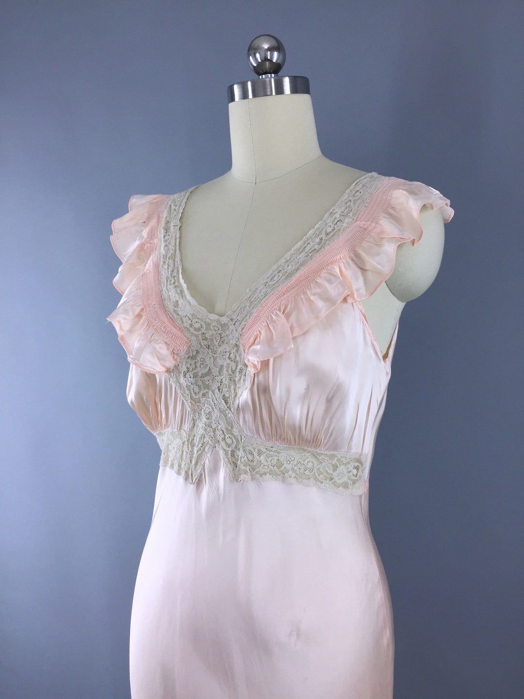 Vintage 1930s Bias Cut Peach Satin Nightgown - ThisBlueBird