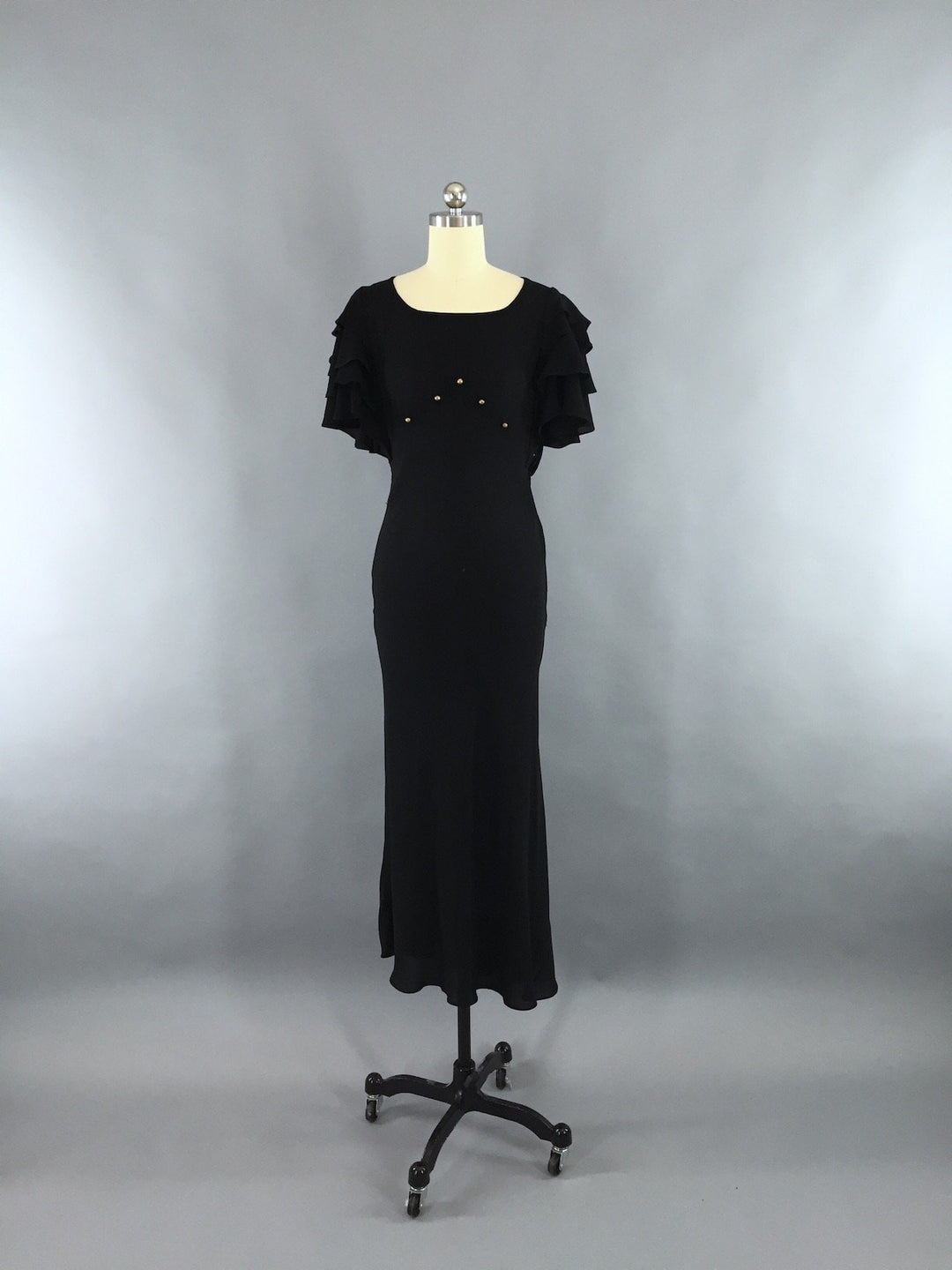 Vintage 1930s Black Dress / 30s Bias Cut Crepe Maxi Gown - ThisBlueBird