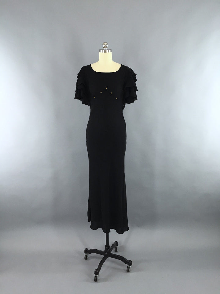 Vintage 1930s Black Dress / 30s Bias Cut Crepe Maxi Gown - ThisBlueBird