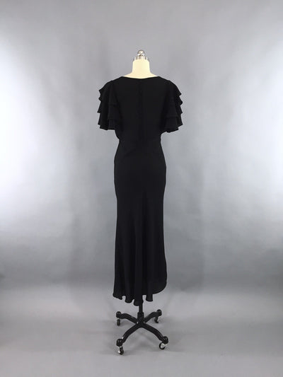 Vintage 1930s Black Dress / 30s Bias Cut Crepe Maxi Gown - ThisBlueBird