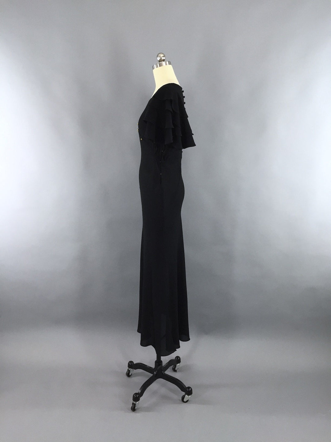 Vintage 1930s Black Dress / 30s Bias Cut Crepe Maxi Gown - ThisBlueBird