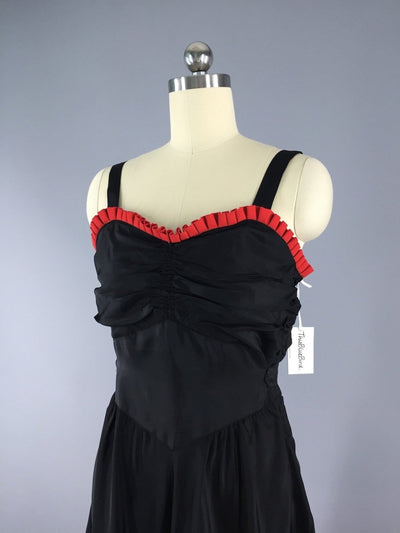 Vintage 1930s Black Maxi Dress with Red Ruffle Trim - ThisBlueBird