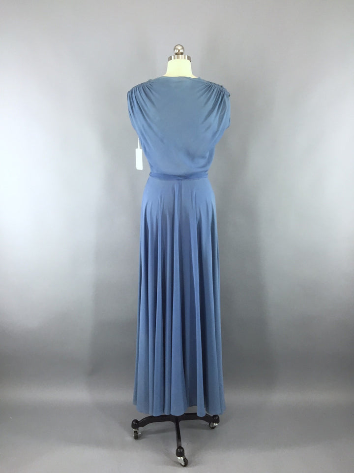 Vintage 1930s Blue Crepe Chiffon Bias Cut Maxi Dress - ThisBlueBird
