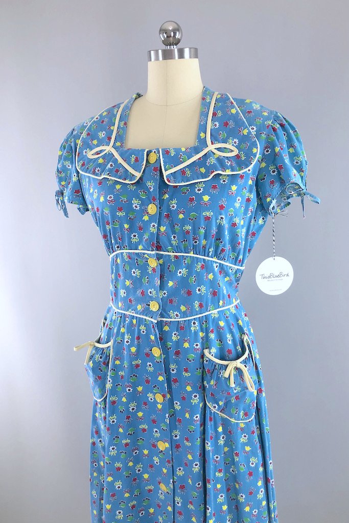 Vintage 1930s Blue Floral Print Dress-ThisBlueBird - Modern Vintage