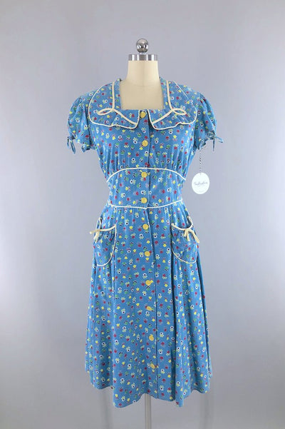 Vintage 1930s Blue Floral Print Dress-ThisBlueBird - Modern Vintage