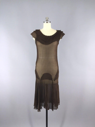 Vintage 1930s Chocolate Brown Silk Chiffon Party Dress - ThisBlueBird
