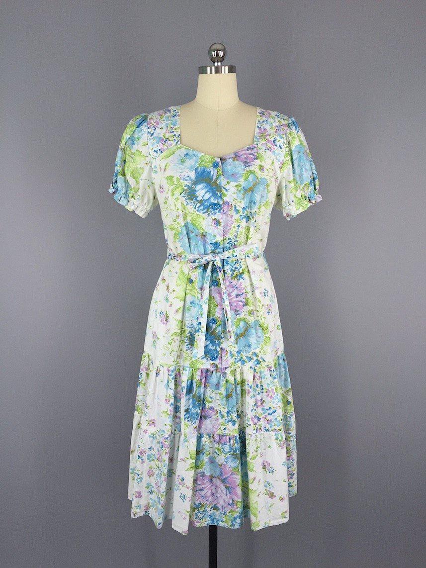 Vintage 1930s Cotton Day Dress / Blue Floral Print - ThisBlueBird