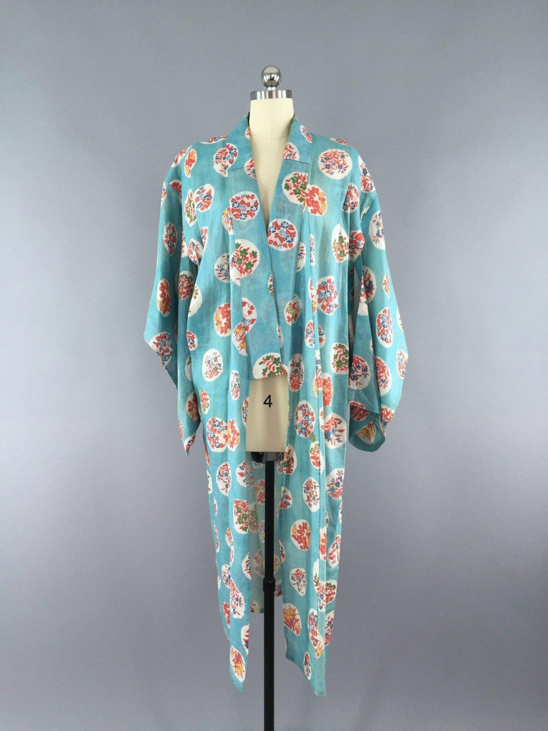 Vintage 1930s Cotton Kimono Robe / Blue Floral Print - ThisBlueBird