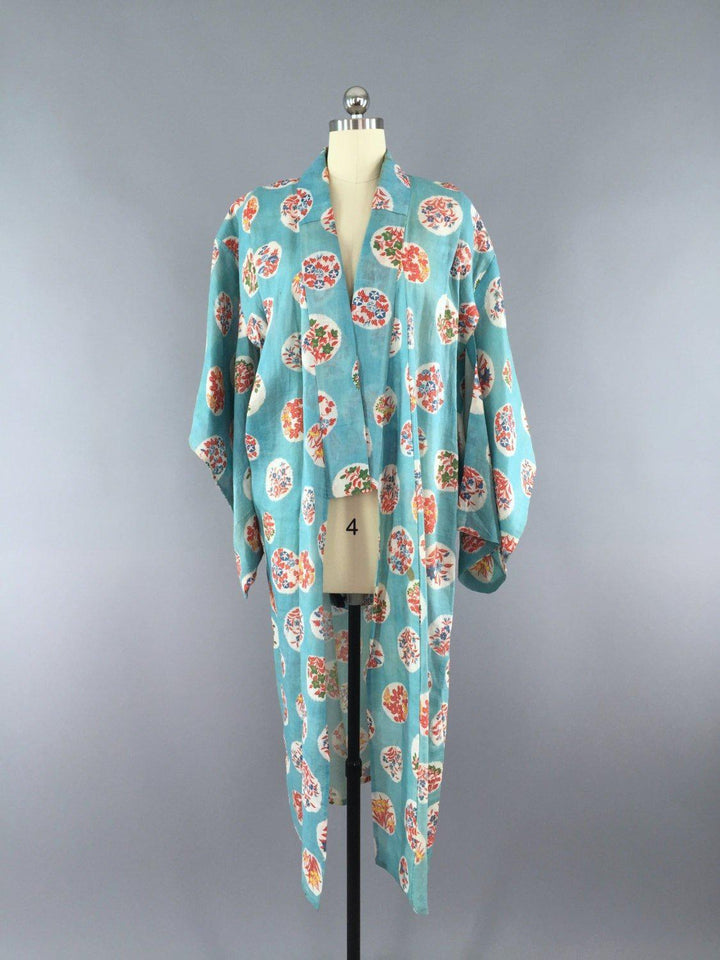 Vintage 1930s Cotton Kimono Robe / Blue Floral Print - ThisBlueBird