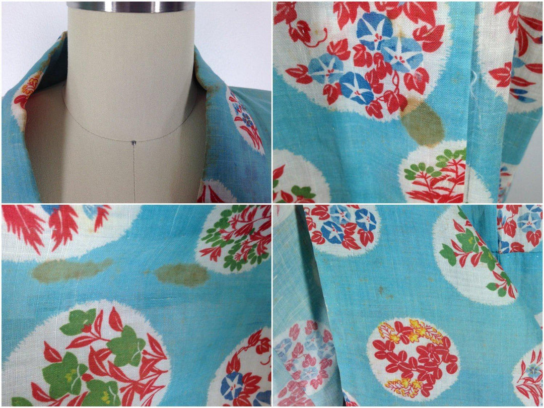 Vintage 1930s Cotton Kimono Robe / Blue Floral Print - ThisBlueBird