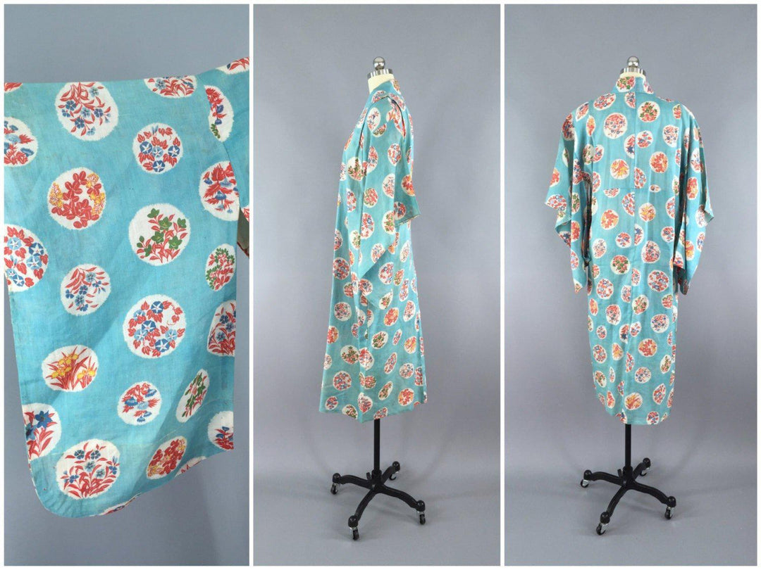 Vintage 1930s Cotton Kimono Robe / Blue Floral Print - ThisBlueBird
