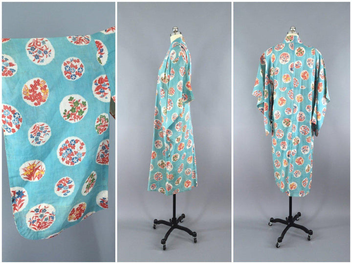 Vintage 1930s Cotton Kimono Robe / Blue Floral Print - ThisBlueBird