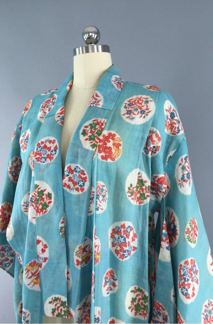 Vintage 1930s Cotton Kimono Robe / Blue Floral Print - ThisBlueBird