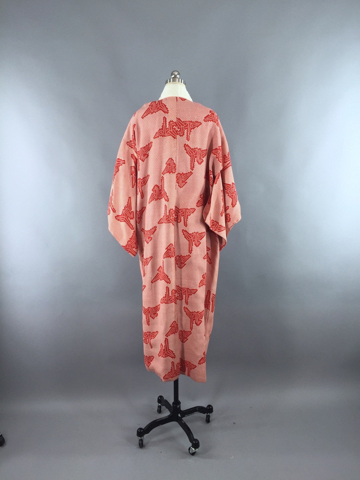 Vintage 1930s Cotton Kimono Robe / Red Crane Origami Print - ThisBlueBird