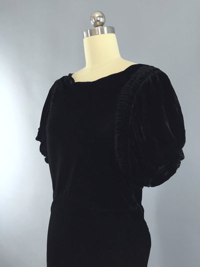 Vintage 1930s Dress / Bias Cut Dress Black Velvet Gown - ThisBlueBird