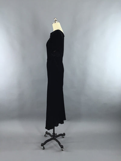 Vintage 1930s Dress / Bias Cut Dress Black Velvet Gown - ThisBlueBird