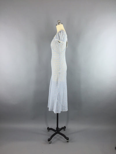 Vintage 1930s Dress / Bias Cut / House Dress Nightgown / Blue Floral Print - ThisBlueBird