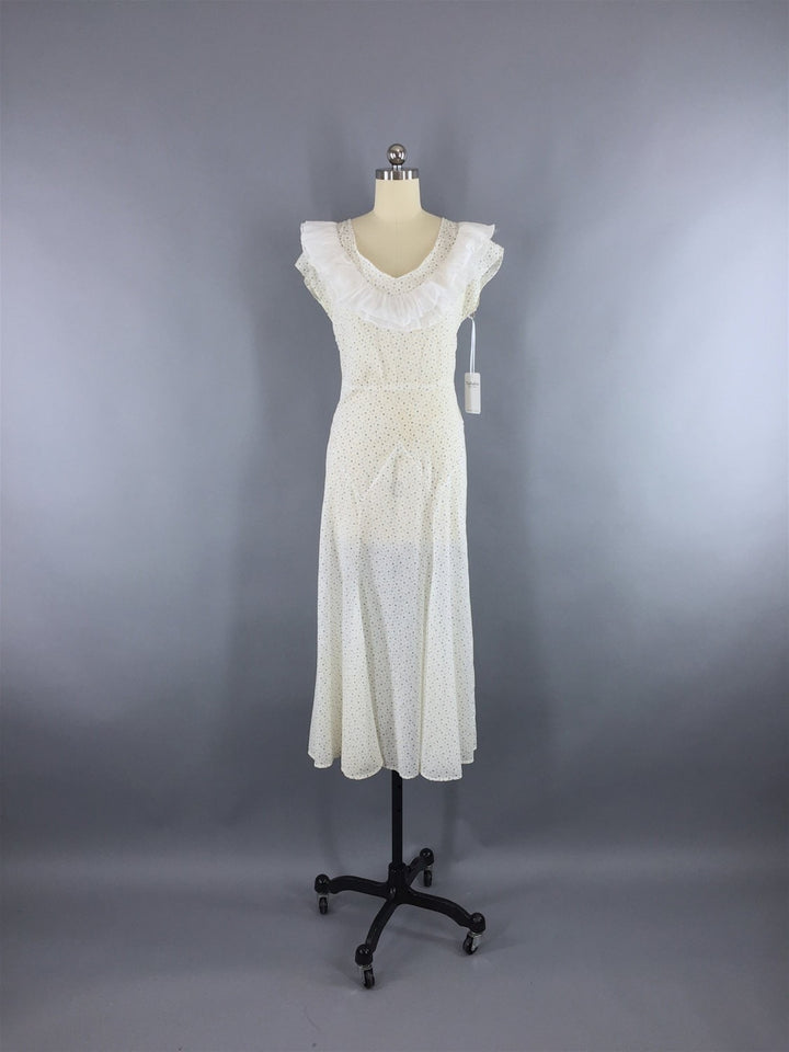 Vintage 1930s Dress / Bias Cut White Polka Dot Cotton Summer Sundress / Size 0 XXS - ThisBlueBird