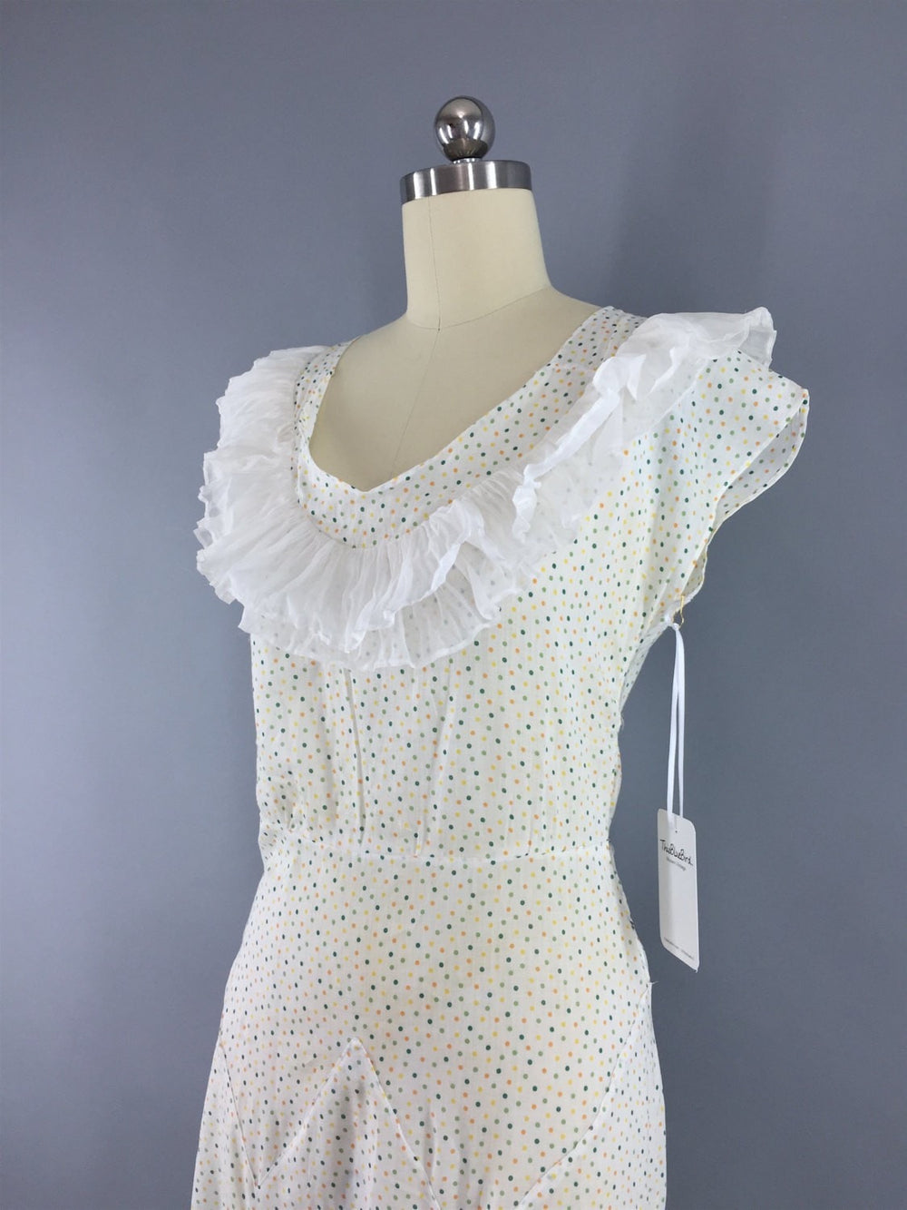 Vintage 1930s Dress / Bias Cut White Polka Dot Cotton Summer Sundress / Size 0 XXS - ThisBlueBird