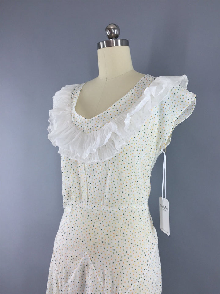 Vintage 1930s Dress / Bias Cut White Polka Dot Cotton Summer Sundress / Size 0 XXS - ThisBlueBird
