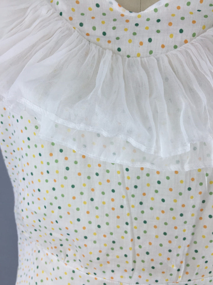 Vintage 1930s Dress / Bias Cut White Polka Dot Cotton Summer Sundress / Size 0 XXS - ThisBlueBird