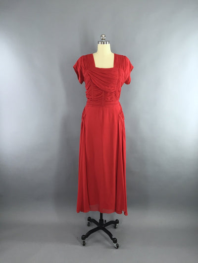 Vintage 1930s Dress / Red Silk Chiffon Maxi Dress - ThisBlueBird