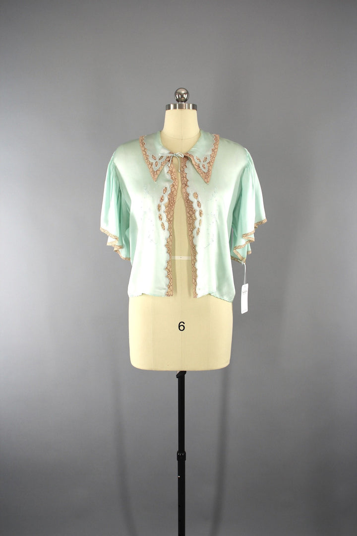 Vintage 1930s Green Silk Satin Bed Jacket Loungewear - ThisBlueBird