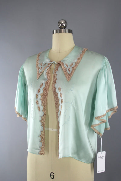 Vintage 1930s Green Silk Satin Bed Jacket Loungewear - ThisBlueBird