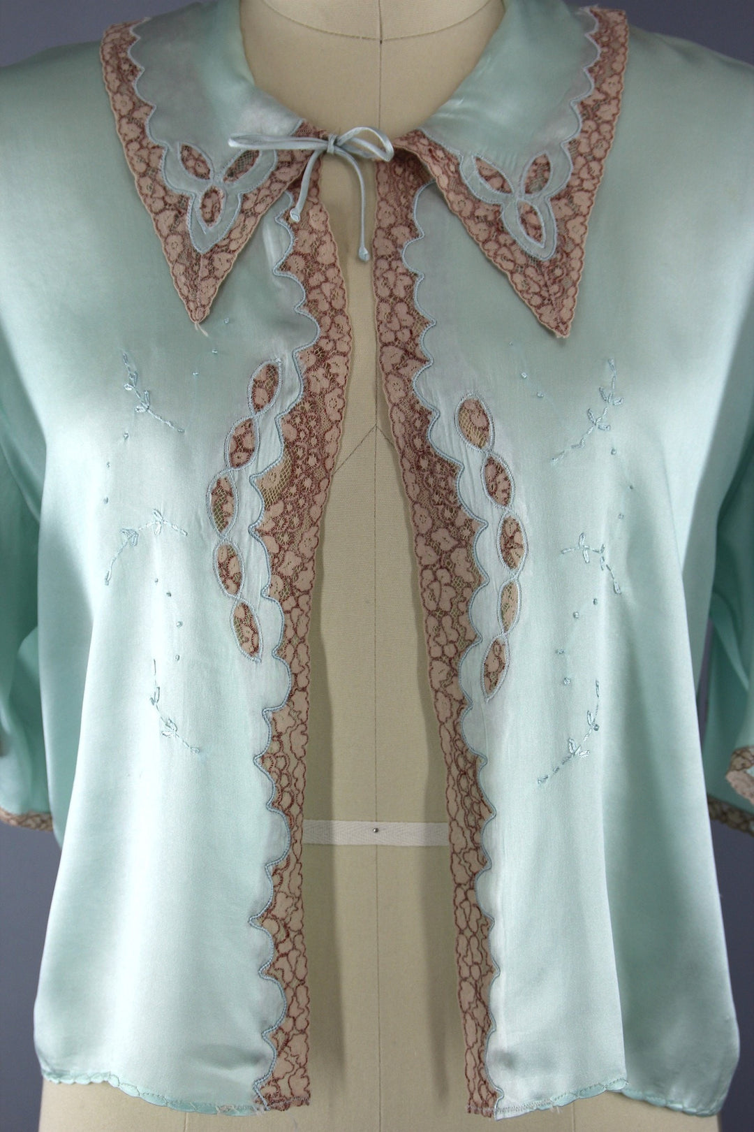 Vintage 1930s Green Silk Satin Bed Jacket Loungewear - ThisBlueBird