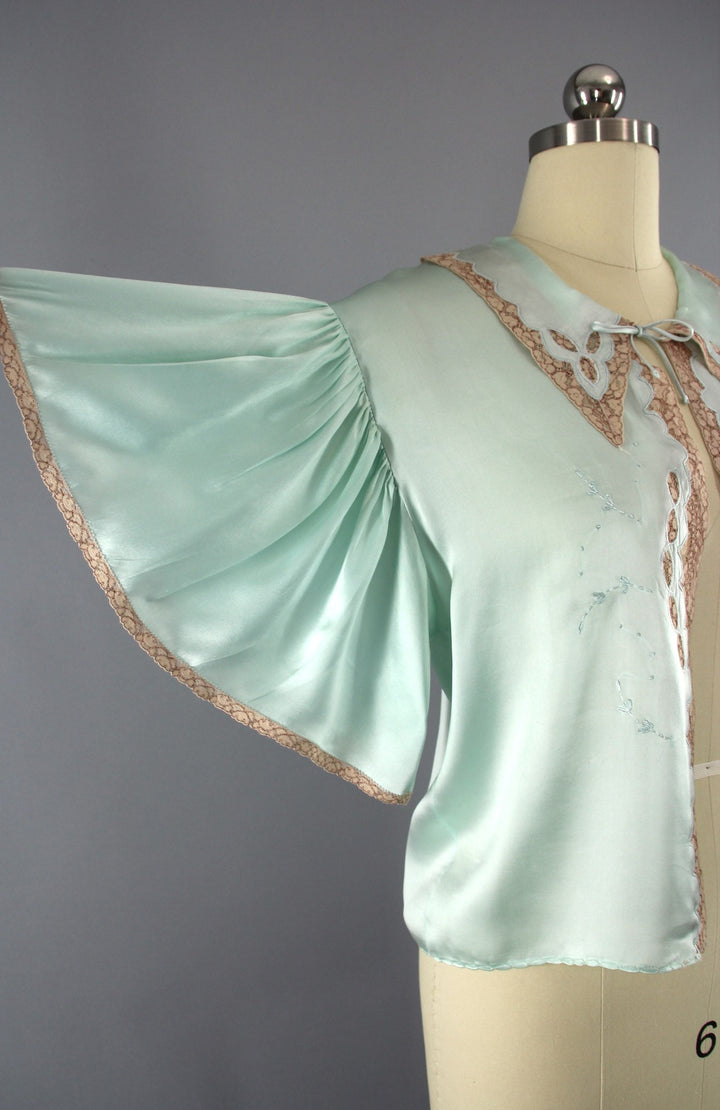 Vintage 1930s Green Silk Satin Bed Jacket Loungewear - ThisBlueBird