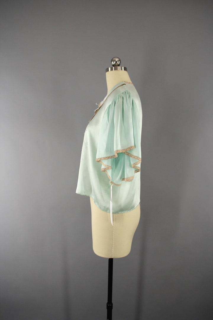 Vintage 1930s Green Silk Satin Bed Jacket Loungewear - ThisBlueBird