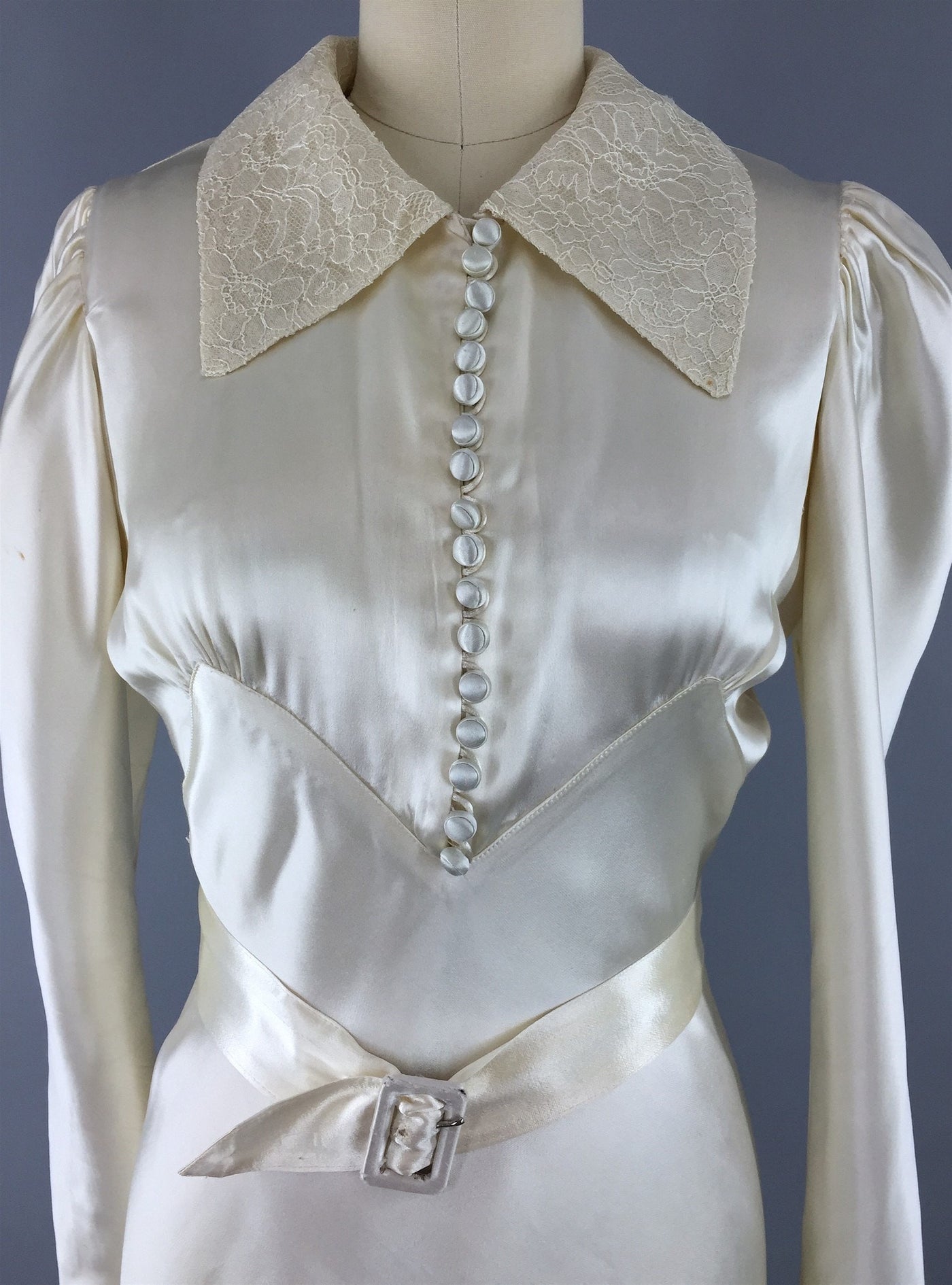 Vintage 1930s Ivory Bias Cut Satin and Lace Wedding Gown - ThisBlueBird